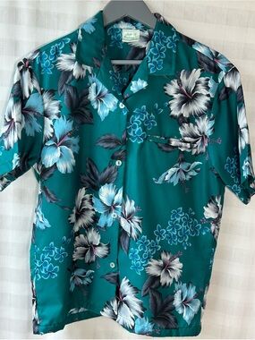Vintage Jade Fashion Men’s Teal Floral Hawaiian Shirt Size Medium